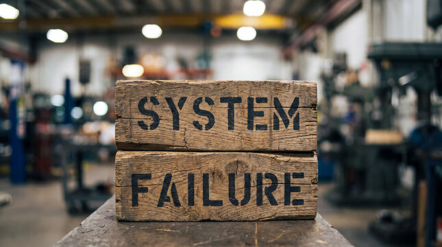 System failure warning text on wooden blocks in an industrial factory workshop, indicating breakdown and malfunction