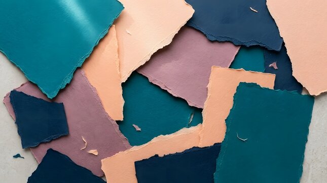 Abstract background with torn pieces of paper in shades of blue, peach, and mauve, arranged in a layered, artistic composition