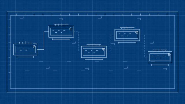 Abstract blueprint schematic with crisp technical linework, connected process nodes, and animated drafting details. Clean engineering-inspired background with seamless geometric motion.