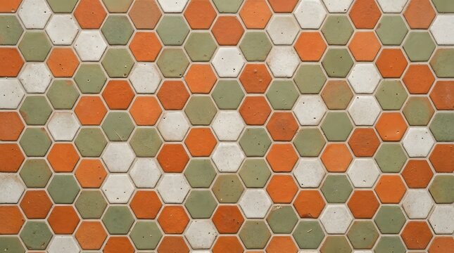 Seamless pattern of hexagonal tiles in shades of orange, green, and white