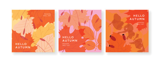 Set of Autumn Wall Art Posters with Maple, Birch Leaves, Branches, Berries and Hello Autumn text. Flat Vector illustration for seasonal prints, social media, greeting cards. © roze ultra