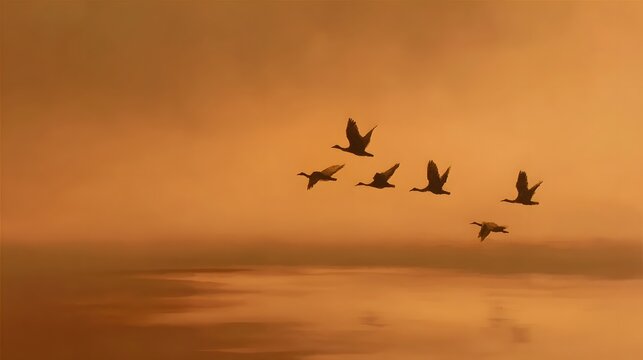Flock of Migrating Birds Flying in Formation Over Misty Calm Water During a Golden Orange Sunset
