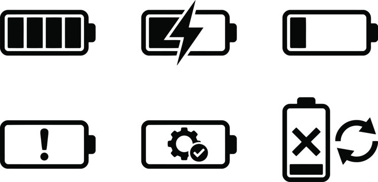 Battery icons showing charge levels full empty charging low battery warning and power settings isolated on transparent background.