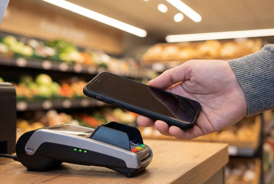 Mobile wallet tap to pay at a supermarket checkout presented in a clean close-up composition. The shot concentrates on the phone near the reader with minimal distraction.