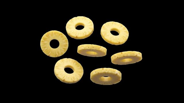 A high-quality 3D food asset showcasing sliced pineapple rings falling and rotating gracefully in front of a dark backdrop. Positioned against a solid black background, this high-contrast digital grap