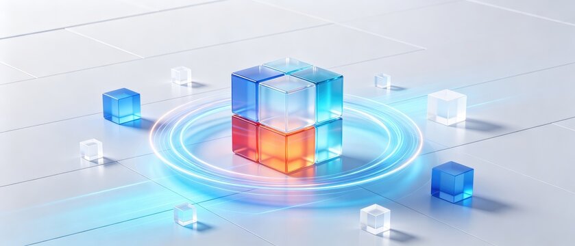 Modern glass cube data platform with glowing technology rings, idea for AI computing, cloud network system, and futuristic innovation background design