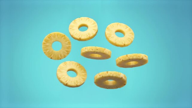 Fresh sliced pineapple rings suspended and falling in mid-air, isolated on a bright cyan light blue background. Great for tropical smoothie commercials, summer cocktail ads, healthy food promos, and v