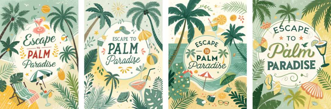 Colorful illustrations promoting a tropical getaway to a palm paradise.
