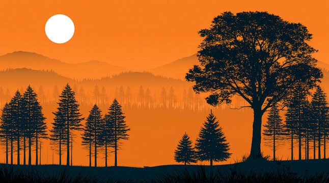Silhouette of large tree and pine forest against orange sunset landscape