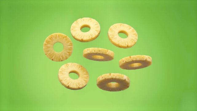Multiple fresh pineapple rings floating and levitating in mid-air against a warm yellow-green studio background. Suitable for tropical juice commercials, exotic fruit advertising, healthy diet marketi