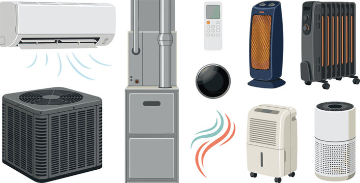 Home HVAC Appliance Set with Air Conditioner, Furnace, Heater, Dehumidifier, and Air Purifier Icons for Climate Control Designs
