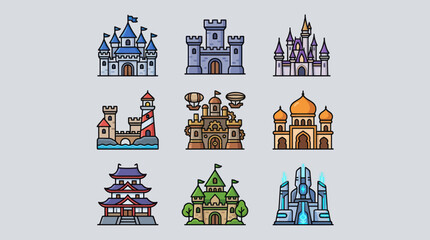 Collection of stylized castle and building icons © Masha