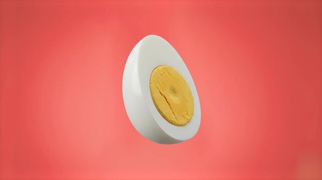 A detailed 3D illustration of a single hard-boiled egg half featuring a bright yellow yolk and smooth white texture, isolated against a solid coral pink or soft red background. Perfect for vibrant foo