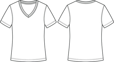 Women's V Neck Short Sleeve T Shirt Technical Fashion Flat Sketch Vector Front and Back Views © Abujh