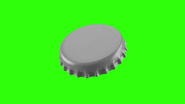 A silver metallic crown bottle cap for beer or soda floating isolated on a chroma key green screen background. Suitable for beverage commercials, beer promos, soda branding, packaging animations, and 