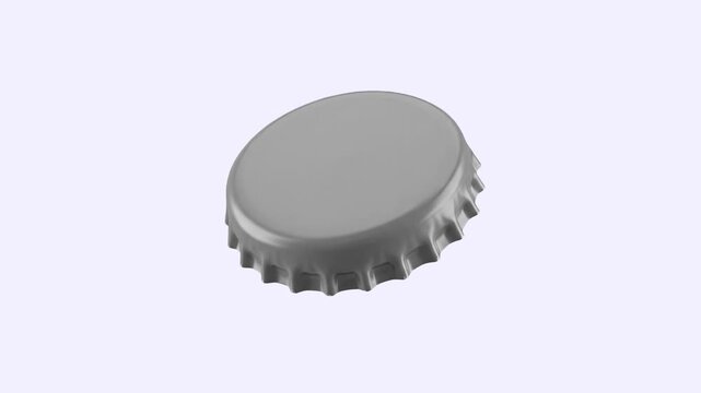 A realistic 3D animated asset featuring a silver-grey metallic crown bottle cap suspended in mid-air. Set against a clean, plain light grey studio backdrop, this versatile packaging element is ideal f