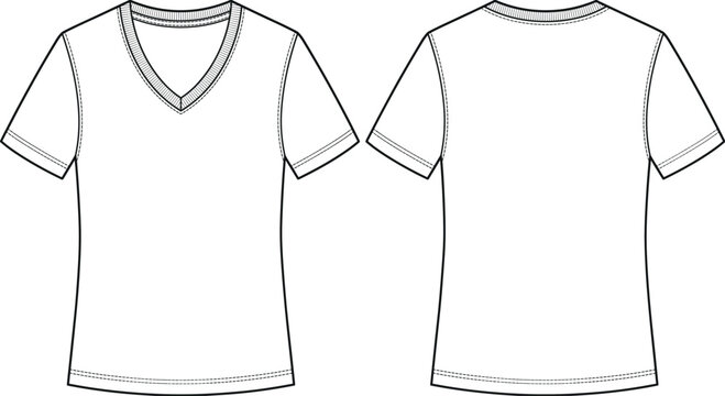 Women's V Neck Short Sleeve T Shirt Technical Fashion Flat Sketch Vector Front and Back Views