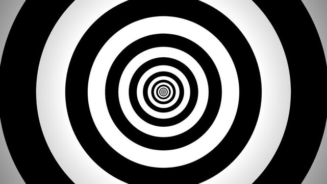 Black and white optical illusion with expanding concentric rings in a seamless loop. High-contrast geometric motion creates a hypnotic abstract background with infinite depth.