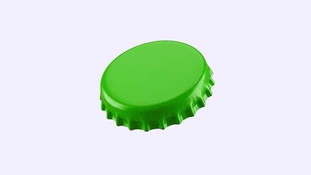 A close-up 3D rendering of a vibrant green metallic crown bottle cap isolated on a clean, plain light backdrop. This high-quality commercial product asset is perfect for beverage branding, soda or bee