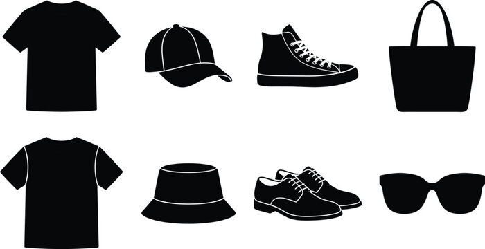 Collection of casual clothing icons and fashion accessories black silhouettes isolated on white background