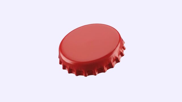 A clean 3D render of a red metal crown bottle cap standing at an angle, isolated on a clean white background. Designed for soda bottle commercials, beer brand advertising, beverage packaging mockups, 
