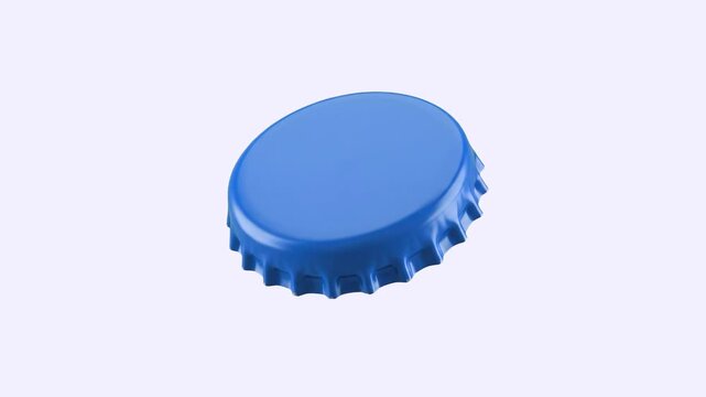 A clean, detailed 3D rendering of a single blue metal crown cap used for beer and soda bottles, positioned at a slight angle and isolated on a plain white backdrop. Perfect for beverage packaging mock