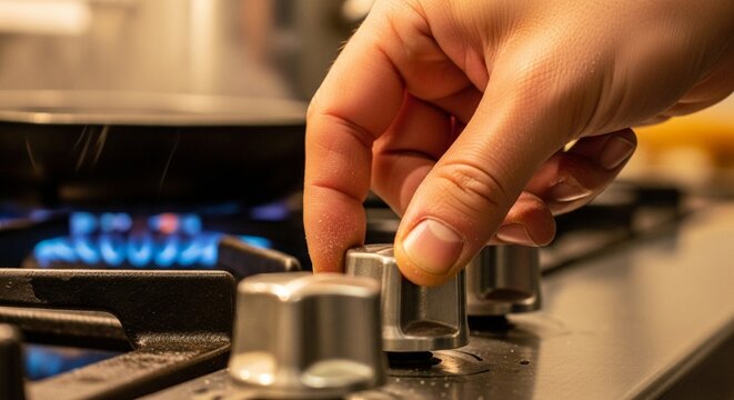 Hand adjusting gas stove knob with blue flames, cooking at home