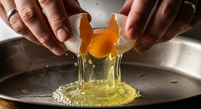 Hands cracking fresh egg into sizzling hot frying pan, yolk and white splashing