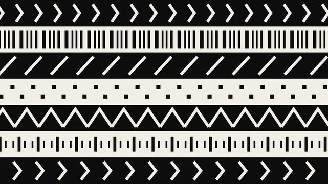 Abstract kinetic pattern background with scrolling geometric bands in bold black and white. Alternating motion creates an optical illusion with a modern industrial graphic aesthetic.
