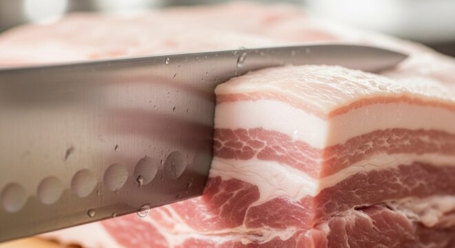 Slicing Raw Pork Belly with Knife, Close-up Macro Shot, Food Preparation