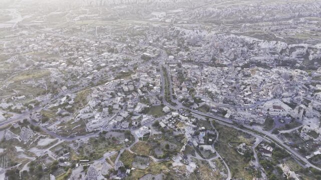 Drone Footage of Uchisar Castle and Goreme View in Cappadocia Nevsehir Turkey with Fairy Chimneys and Scenic Valleys