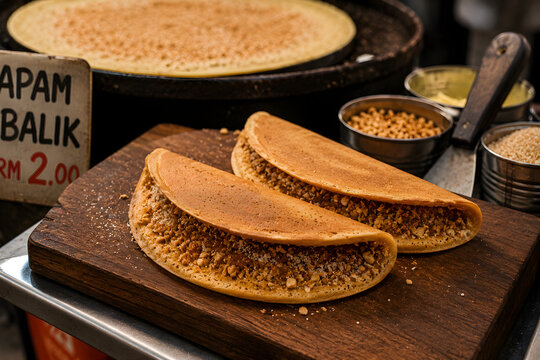 Apam Balik is a popular Malaysian street food pancake filled with crushed peanuts and sugar, featuring a crispy exterior and soft, fluffy center.