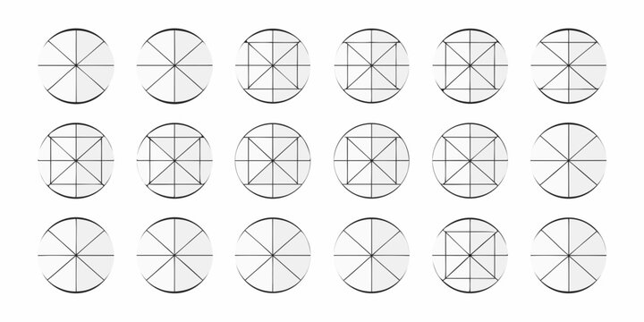 Circles divided into sections geometric diagrams on a white background