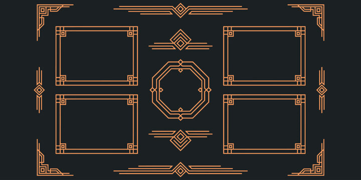 Art deco style geometric frames and ornamental border elements in elegant copper line design