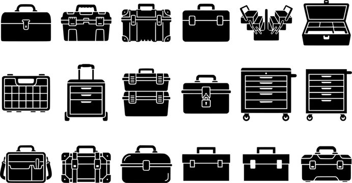Set of Toolbox Silhouette Icons Isolated on White Background &ndash; Black Tool Chest and Storage Box Vector Collection for Repair, Workshop and Construction Design