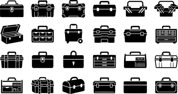 Set of Toolbox Silhouette Icons Isolated on White Background &ndash; Black Tool Chest and Storage Box Vector Collection for Repair, Workshop and Construction Design