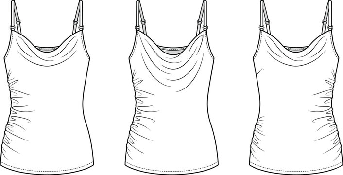 Women's Cowl Neck Cami Top Technical Fashion Flat Sketch Vector Set with Ruched Side Variations