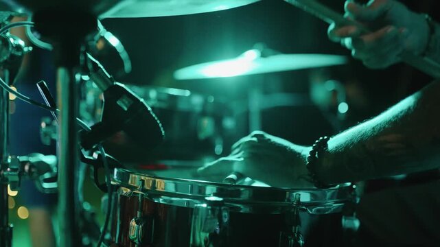 A close-up, dimly lit shot of a drummer performing at a live music event, with green stage lighting highlighting the metallic cymbals and drum set in an atmospheric, energetic performance.