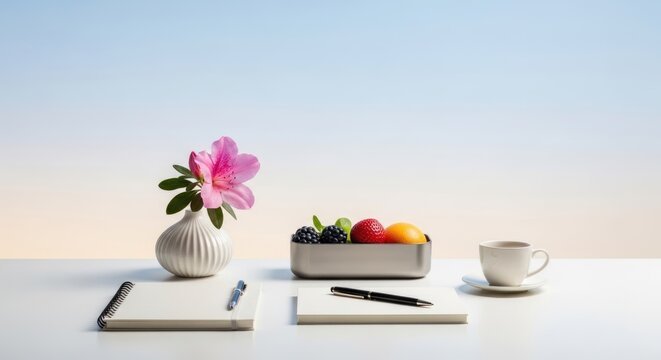 minimalist desk with flower vase, fruit bowl and coffee