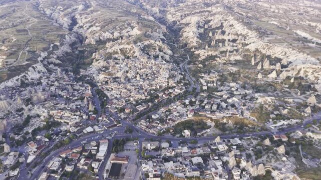 Drone Footage of Uchisar Castle and Goreme View in Cappadocia Nevsehir Turkey with Fairy Chimneys and Scenic Valleys