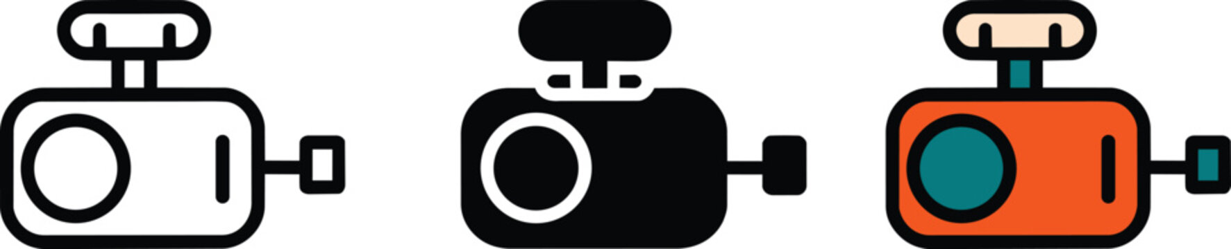 Car dashcam icons in solid glyph, and filled line for dashboard camera and vehicle video recorder applications and dvr in outline style