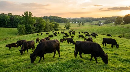 Fototapeta premium Black Angus cattle grazing on lush green pasture at sunset rural landscape