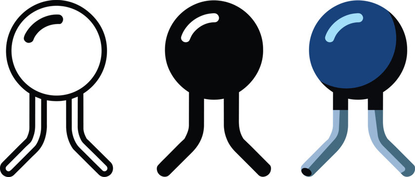 Varistor and thermistor electronic component icons in outline black silhouette and flat color styles for engineering circuit schematics and ntc blue
