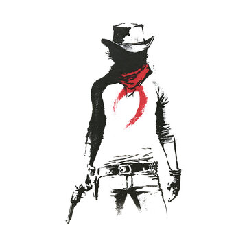 Cowboy stands with gun drawn wearing hat and bandana in a sketch style with a red circle in the background