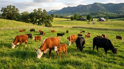 Naklejka premium Cattle grazing in verdant pasture with rolling hills and distant farmhouse