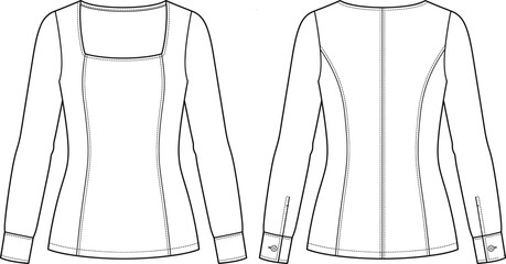 Technical Flat Sketch of Women’s Long-Sleeved Top with Square Neckline, Princess Seams, and Buttoned Cuffs © Abujh