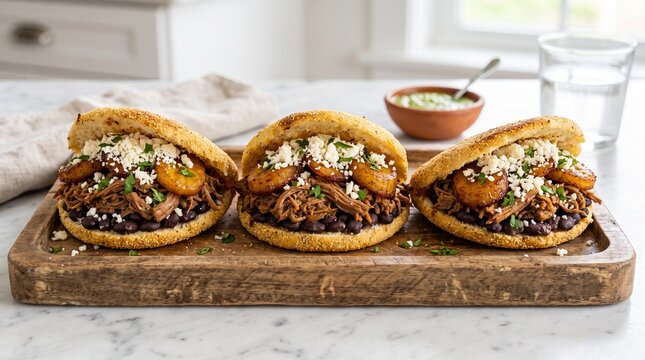 Traditional Venezuelan Arepas Pabellon with Shredded Beef Black Beans Fried Plantains and Cotija Cheese