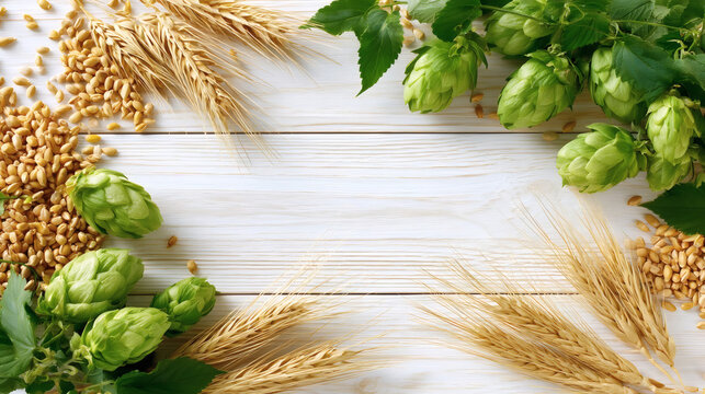Fresh green hop cones and golden barley grains on a white wooden background. Ingredients for brewing beer. Top view with copy space.