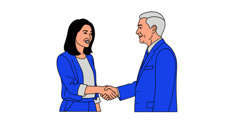 Fototapeta premium Business handshake between diverse professionals in blue suits. Flat vector illustration of corporate partnership and agreement.