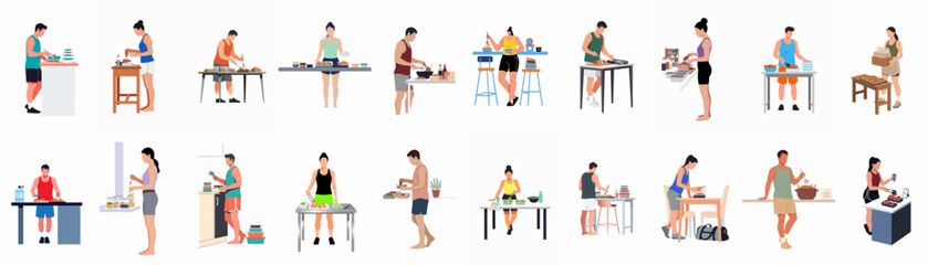 Fototapeta premium Flat vector illustration set of people preparing healthy meals and packing food containers for fitness and nutrition planning.